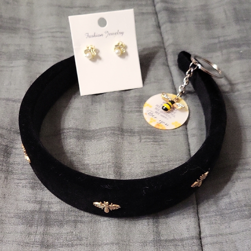3 Pc Set.Black  Bee Headband with Bee Earrings And Keychain